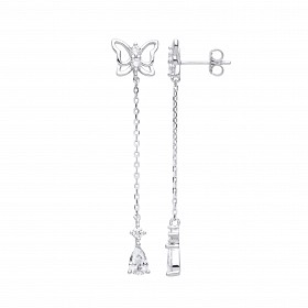 Silver CZ Butterfly Chain Drop Earrings