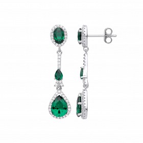 Silver CZ & Emerald Fancy Drop Earrings