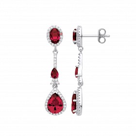 Silver CZ & Ruby Fancy Drop Earrings