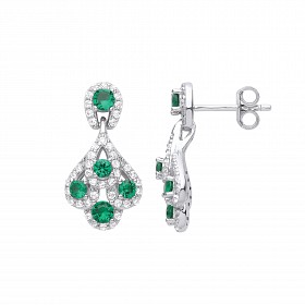 Silver CZ & Emerald Fancy Drop Earrings