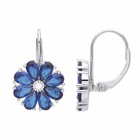 Silver CZ & Sapphire Flower Drop Earrings