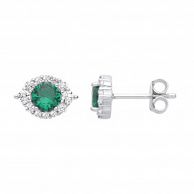 Silver CZ & Emerald Stud Earrings