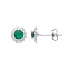 Silver CZ & Emerald Stud Earrings