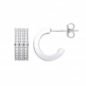 Silver CZ 3 Row Half Hoop Earrings