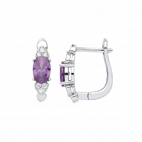 Silver CZ & Amethyst Huggie Hoop Earrings