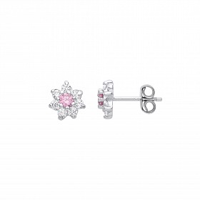 Silver Earring Outer Clear & Pink Centre CZ Cluster Studs