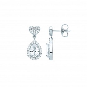 Silver CZ Heart & Pear Shape Drop Earrings
