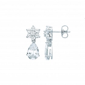 Silver CZ Flower & Pear Shape Drop Earrings