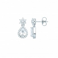 Silver CZ Flower & Pear Shape Drop Earrings