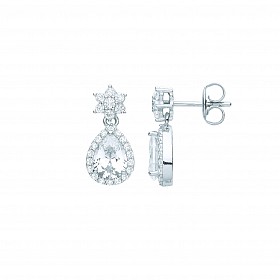 Silver CZ Flower & Pear Shape Drop Earrings