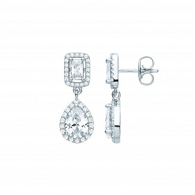 Silver CZ Emerald Cut & Pear Shape Drop Earrings