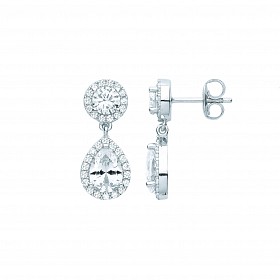 Silver CZ Round & Pear Shape Drop Earrings