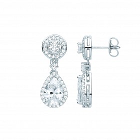 Silver CZ Round & Pear Shape Drop Earrings