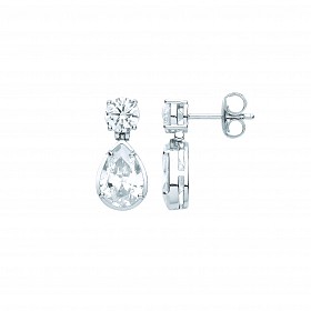 Silver CZ Round & Pear Shape Drop Earrings
