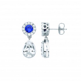 Silver CZ & Sapphire Round & Pear Shape Drop Earrings