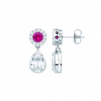Silver CZ & Ruby Round & Pear Shape Drop Earrings