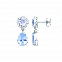 Silver CZ & Blue Topaz  Round & Pear Shape Drop Earrings