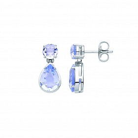 Silver CZ & Aquamarine Round & Pear Shape Drop Earrings