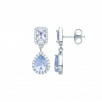 Silver CZ & Aquamarine Square & Pear Shape Drop Earrings