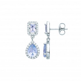 Silver CZ & Aquamarine Square & Pear Shape Drop Earrings
