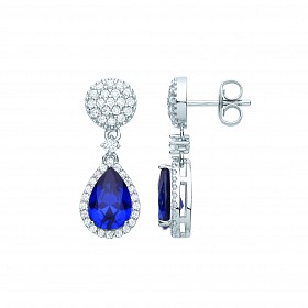Silver CZ & Sapphire Round & Pear Shape Drop Earrings