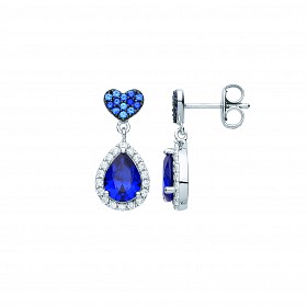 Silver CZ & Sapphire Heart & Pear Shape Drop Earrings