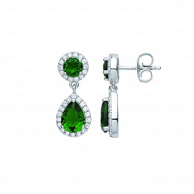 Silver CZ & Emerald Round & Pear Shape Drop Earrings