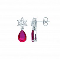 Silver CZ & Ruby Flower & Pear Shape Drop Earrings
