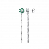 Silver CZ & Emerald Chain Line Drop Earrings