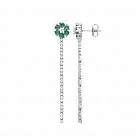 Silver CZ & Emerald Chain Line Drop Earrings