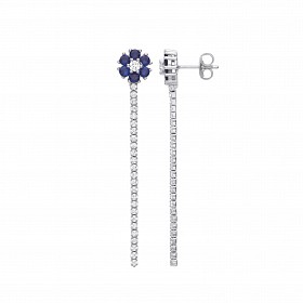 Silver CZ & Sapphire Chain Line Drop Earrings