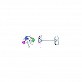 Silver CZ Ruby, Sapphire & Emerald Tree Of Life Stud Earring