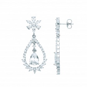 Silver CZ Fancy Flower Pear Drop Earrings
