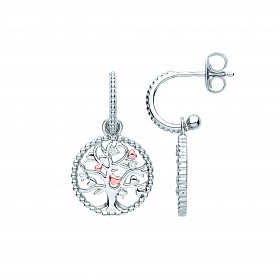 Silver &Rose Gold Plated CZ Heart Tree Of Life Drop Earrings