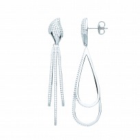 Silver CZ Pave Set Triple Line Pear Shape Drop Earrings
