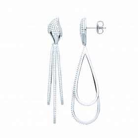 Silver CZ Pave Set Triple Line Pear Shape Drop Earrings