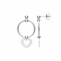 Silver Twist Hoop Drop Earring With Dangling Heart Charm