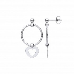 Silver Twist Hoop Drop Earring With Dangling Heart Charm