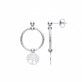 Silver Twist Hoop Drop Earring With Tree Of Life Charm