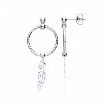 Silver Twist Hoop Drop Earring With Dangling Leaf Charm