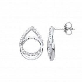 Silver CZ Entwined Pear Drop & Circle Stud Earrings