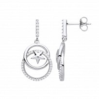 Silver CZ Double Circle Star Drop Earrings
