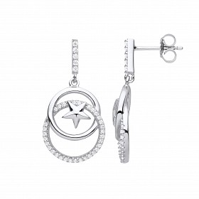 Silver CZ Double Circle Star Drop Earrings