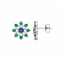 Silver CZ, Emerald & Saphire Snowflake Stud Earrings