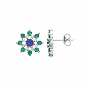 Silver CZ, Emerald & Saphire Snowflake Stud Earrings