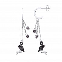Silver Black CZ Flamingo & Heart Chain Drop Erarings