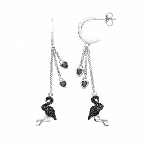 Silver Black CZ Flamingo & Heart Chain Drop Erarings