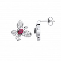 Silver CZ & Ruby Butterfly Stud Earrings