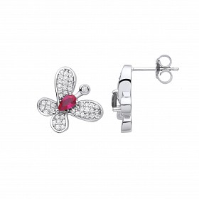 Silver CZ & Ruby Butterfly Stud Earrings