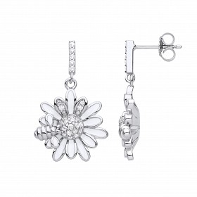 Silver White Enamel Flower & Bee Drop Earrings